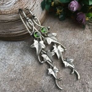 Anthropologie Silver Ivy Drop Earrings with Green Stones